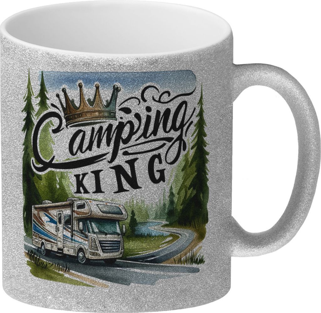 Camping King mit Wohnmobil Glitzer-Kaffeebecher