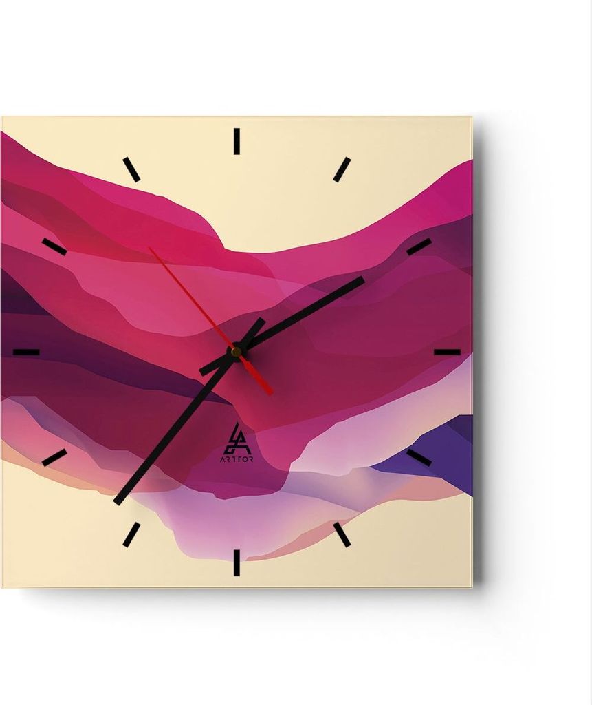 Wanduhr - Quadrat - Glasuhr - Abstraktion Berge Rosa - 30x30cm - Schleichendes Uhrwerk - Lautlos - zum Aufhängen bereit - Dekoration Modern - Wand...
