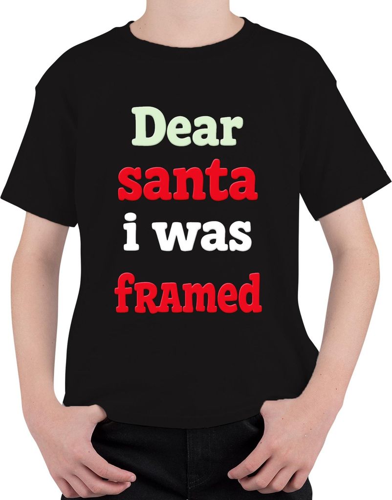 Dear santa i was framed lustig Weihnachten Weihnachtsmann Geschen Uni Kinder T-Shirt, Schwarz, 104