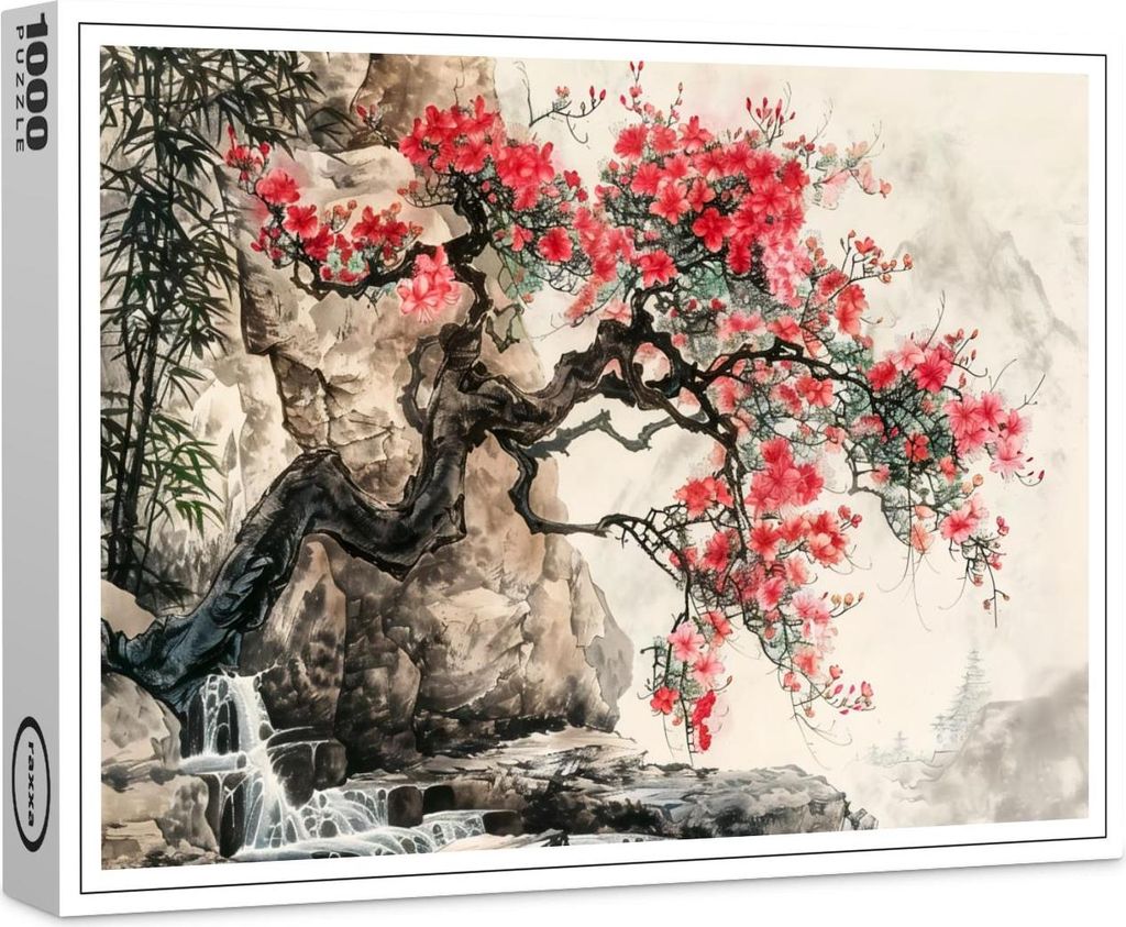 raxxa Premium-Puzzle "Chinese Watercolor Blossoming Tree in Mountains", 1000 Teile