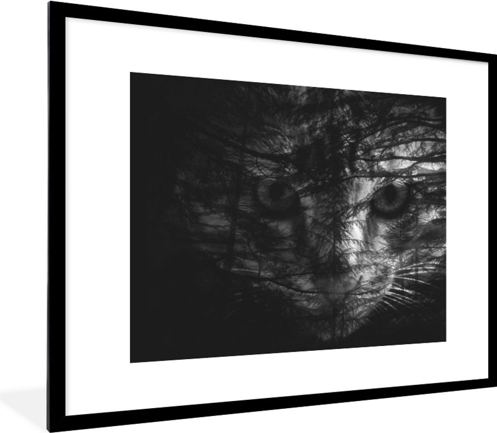 MuchoWow MuchoWow Gerahmtes Poster Katze - Wald - Schwarz - Weiß 80x60 cm - Poster mit zchwarzem Bilderrahmen - Schlafzimmer-Dekorationen - Fo...