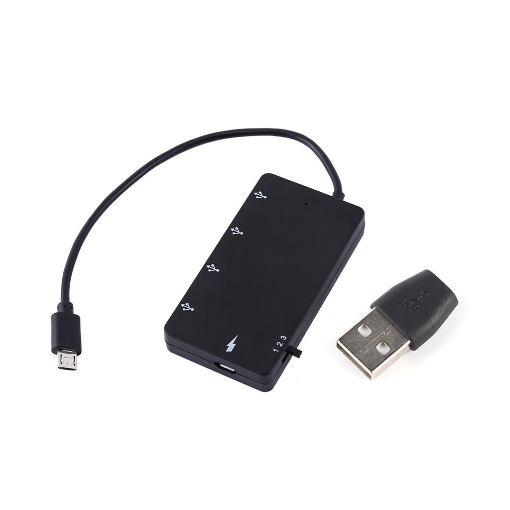 A black USB hub and a USB connector are placed on a white background.