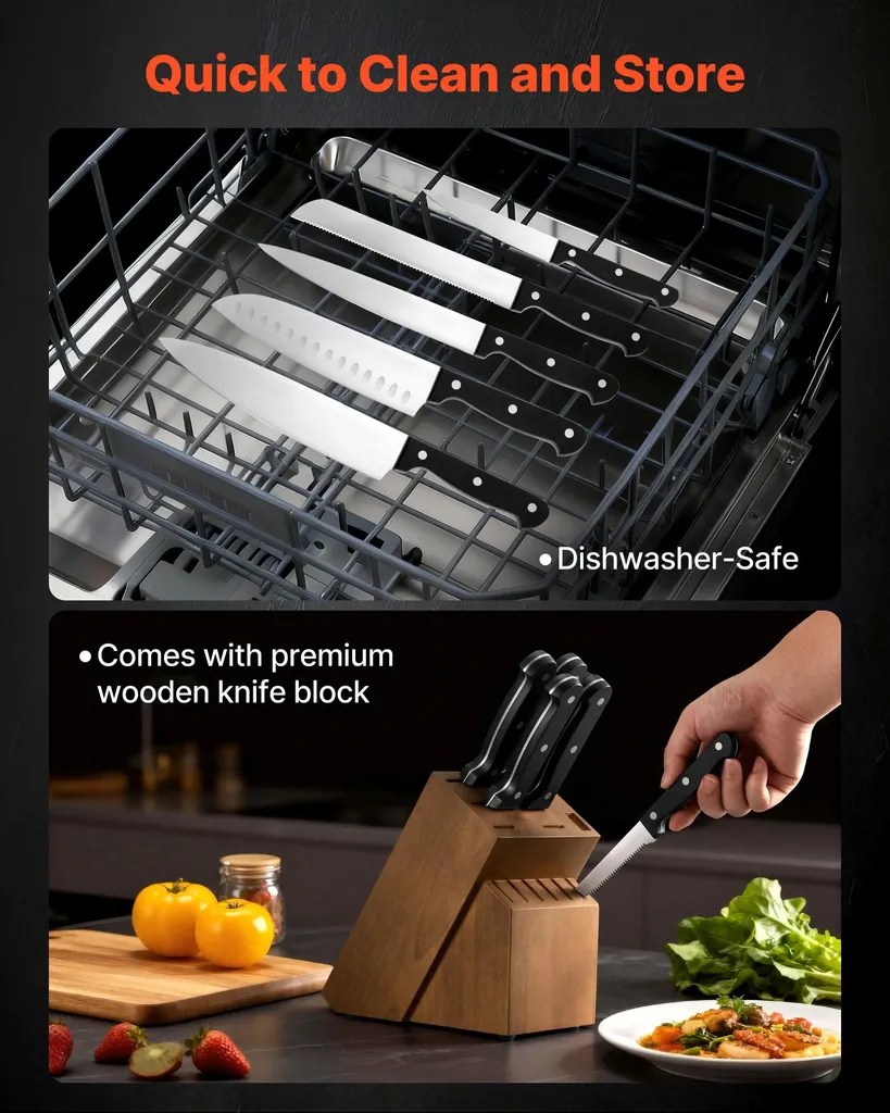 SucceBuy Set di coltelli da cucina da 15 pezzi con ceppo in legno e acciaino per affilare, coltelli affilati in acciaio inox di alta qualità con manici ergonomici in ABS, ideali per gli amanti della cucina - 6