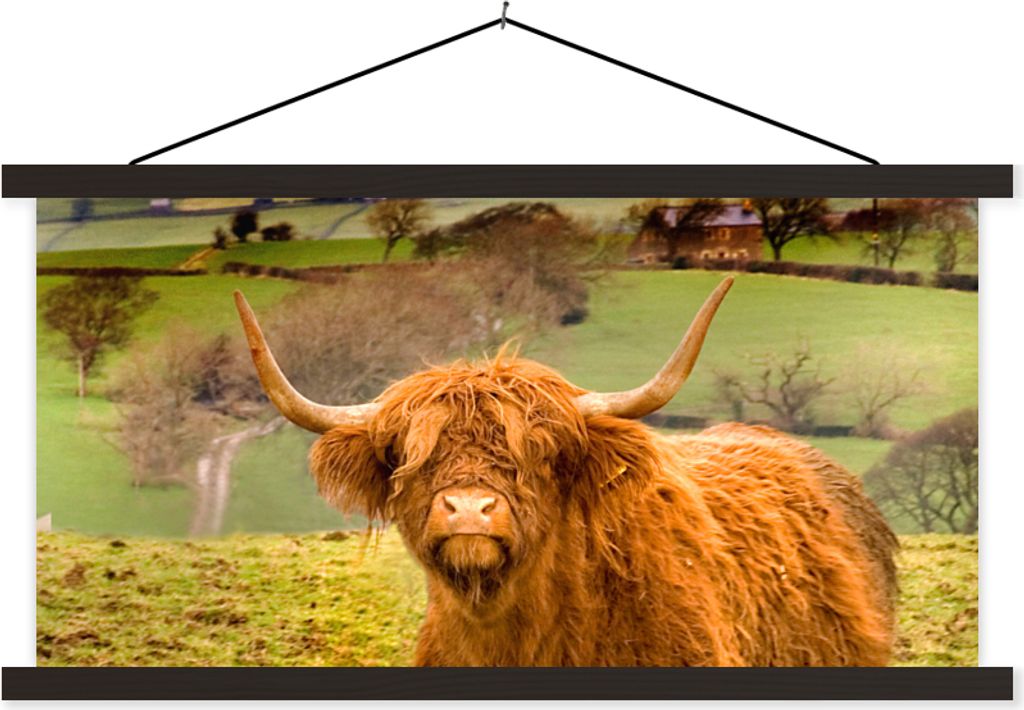 MuchoWow Textilposter Schottisches Hochlandrind - Berg - Herbst 150x75 cm mit schwarzem Rahmen - Posterleiste