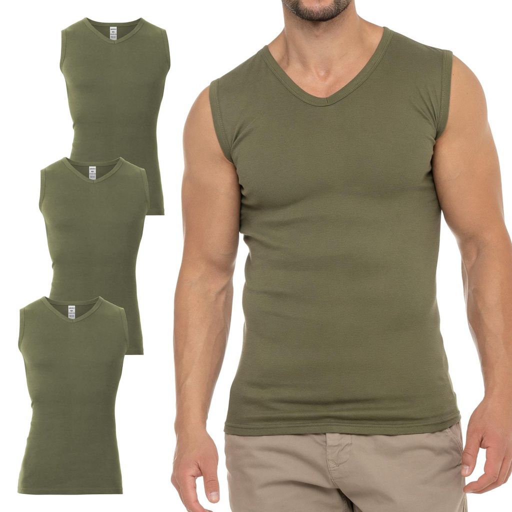 Celodoro Herren Business Muskelshirt V-Neck (3er Pack) Feinripp Top - Olive L