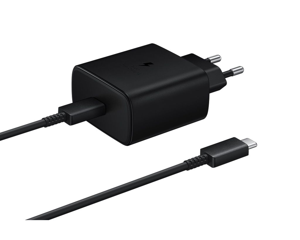 A black Samsung USB-C fast charger with a USB-C cable on a white background.