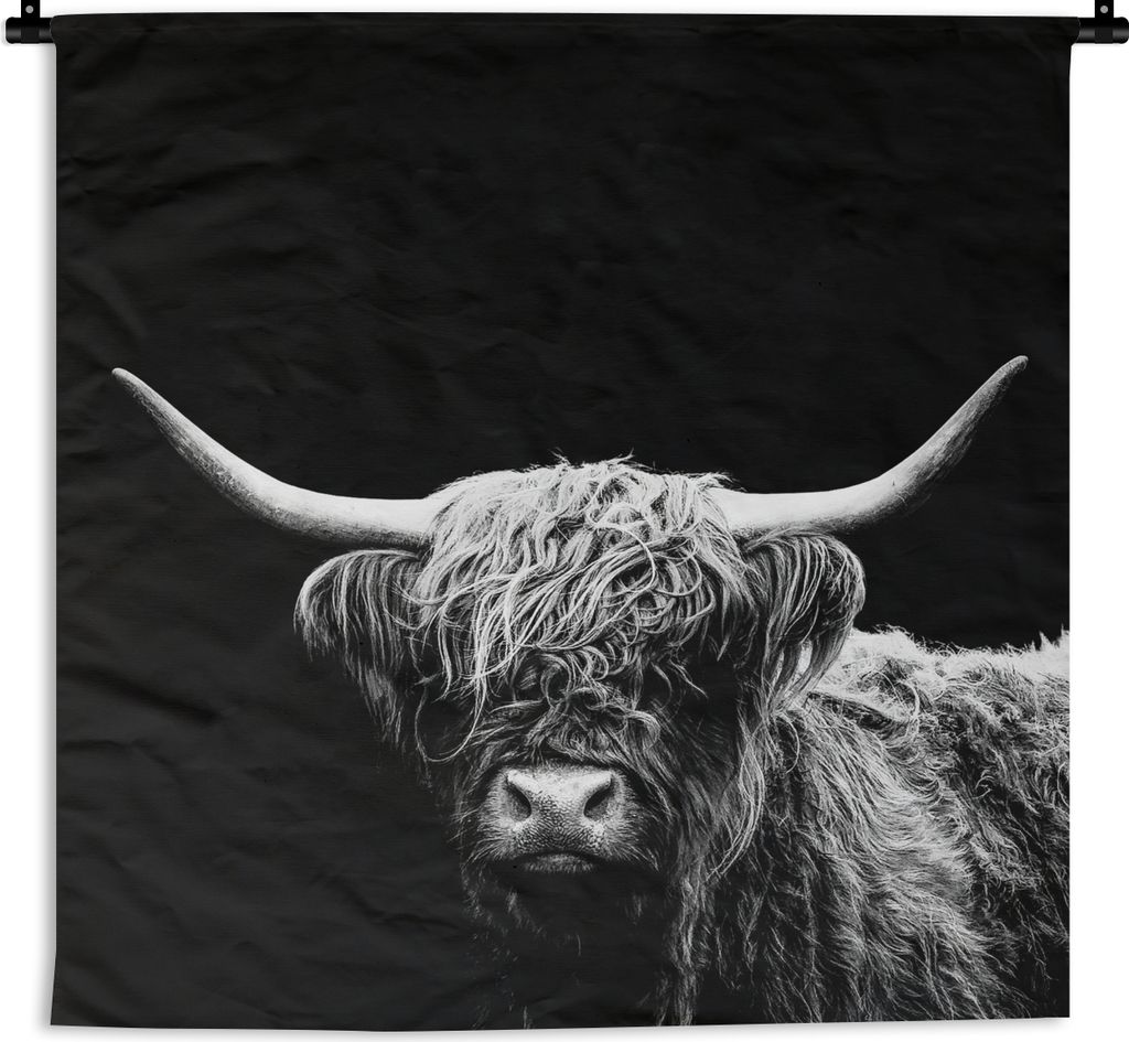 MuchoWow Wandteppich Wandbehang Schottischer Highlander - Kuh - Schwarz - Weiß - Tiere 90x90 cm Tapisserie Dekoration Wandtuch - Wandaufhänger