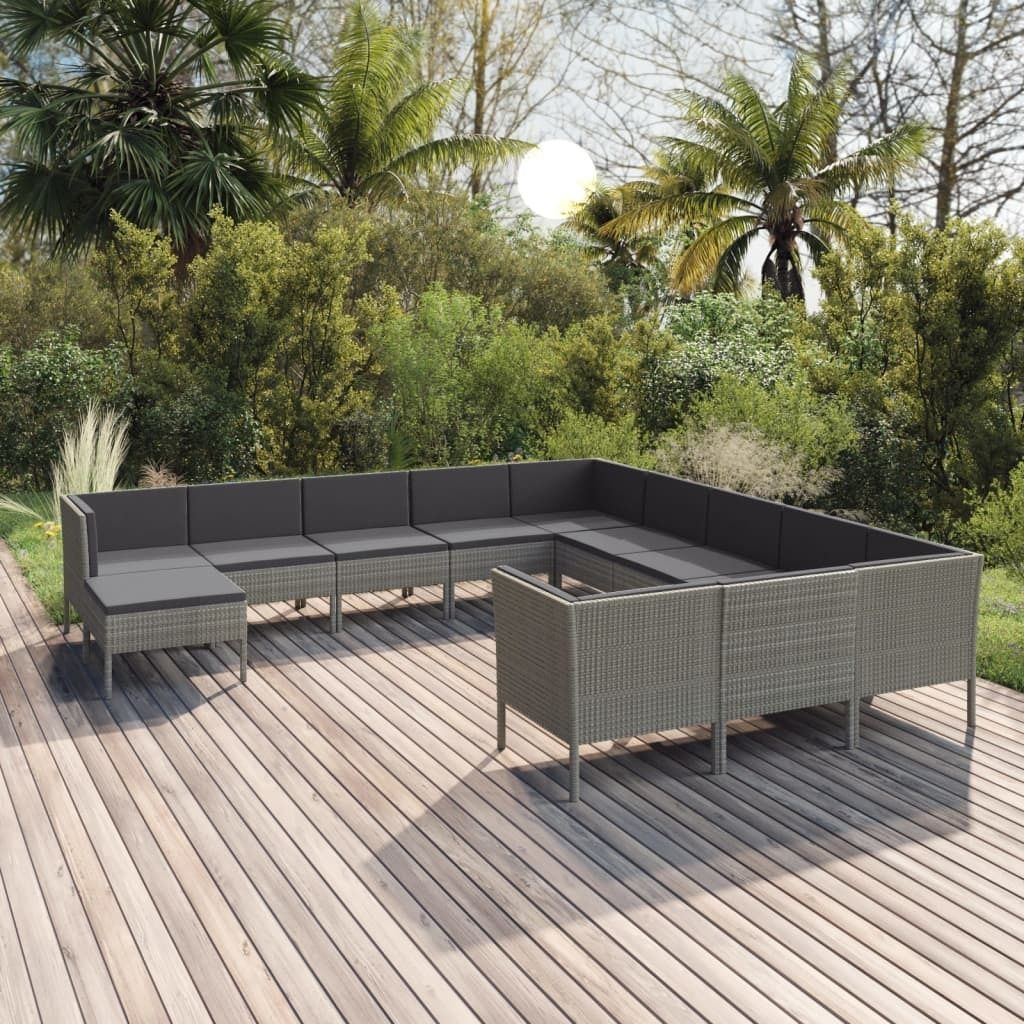 The Living Store 12-tlg. Garten-Lounge-Set mit Auflagen Poly Rattan Grau