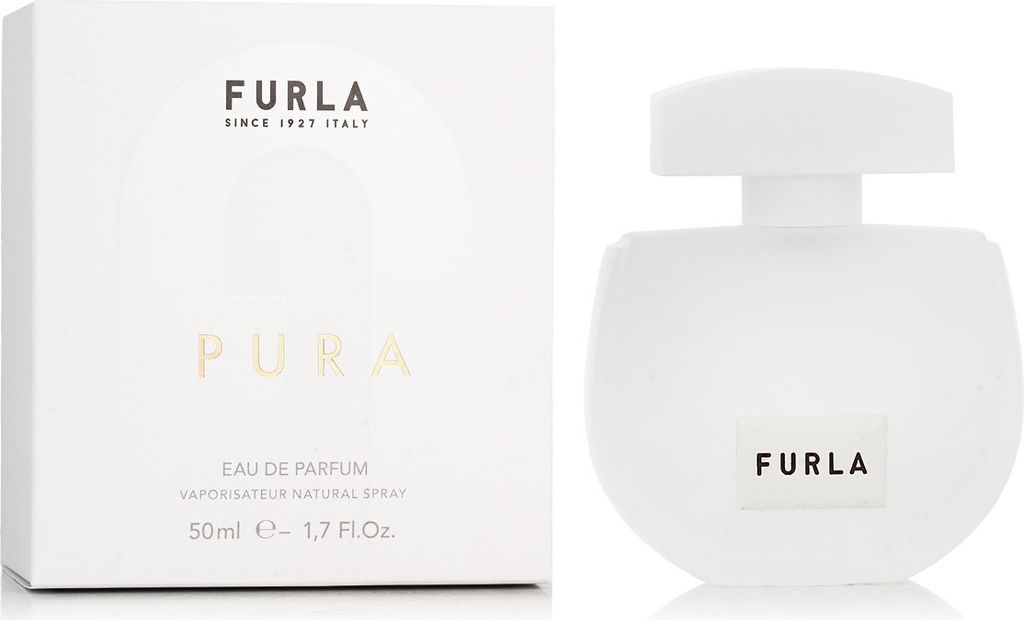 A white perfume bottle and its packaging are displayed side-by-side against a white background.