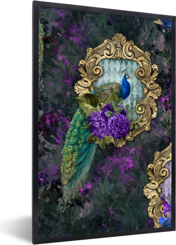 MuchoWow Gerahmtes Poster Muster - Blumen - Pfau 20x30 cm - Poster mit Schwarzem Bilderrahmen Wandposter Rahmen Foto Bilder - Drucken - Bilder Po...