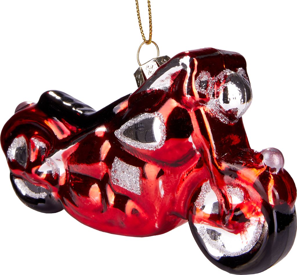 A red motorcycle ornament hanging from a gold chain against a white background.