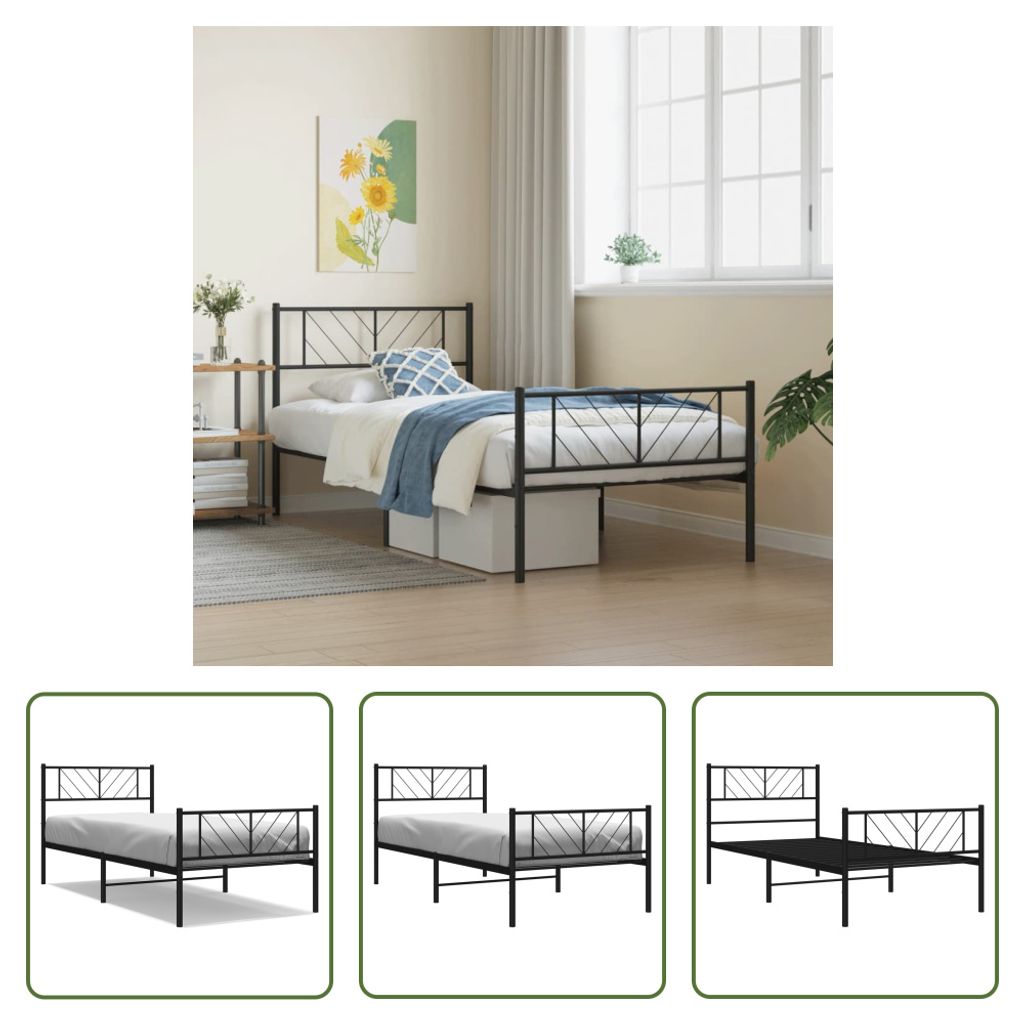 The Living Store Bettgestell mit Kopf- und Fußteil Metall Schwarz 75x190 cm
