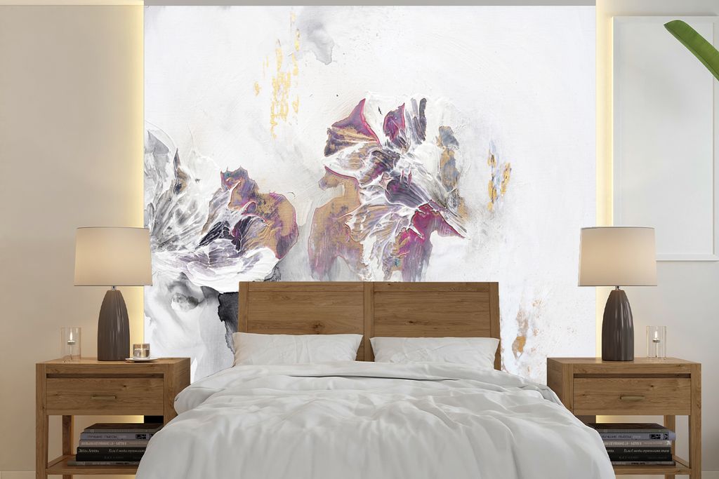 MuchoWow Fototapete für Wohnzimmer oder Schlafzimmer Wandtapete Vinyl Motivtapete Farbe - Farben - Weiß - Abstrakt- Gold - 240x240 cm - Schlafz...