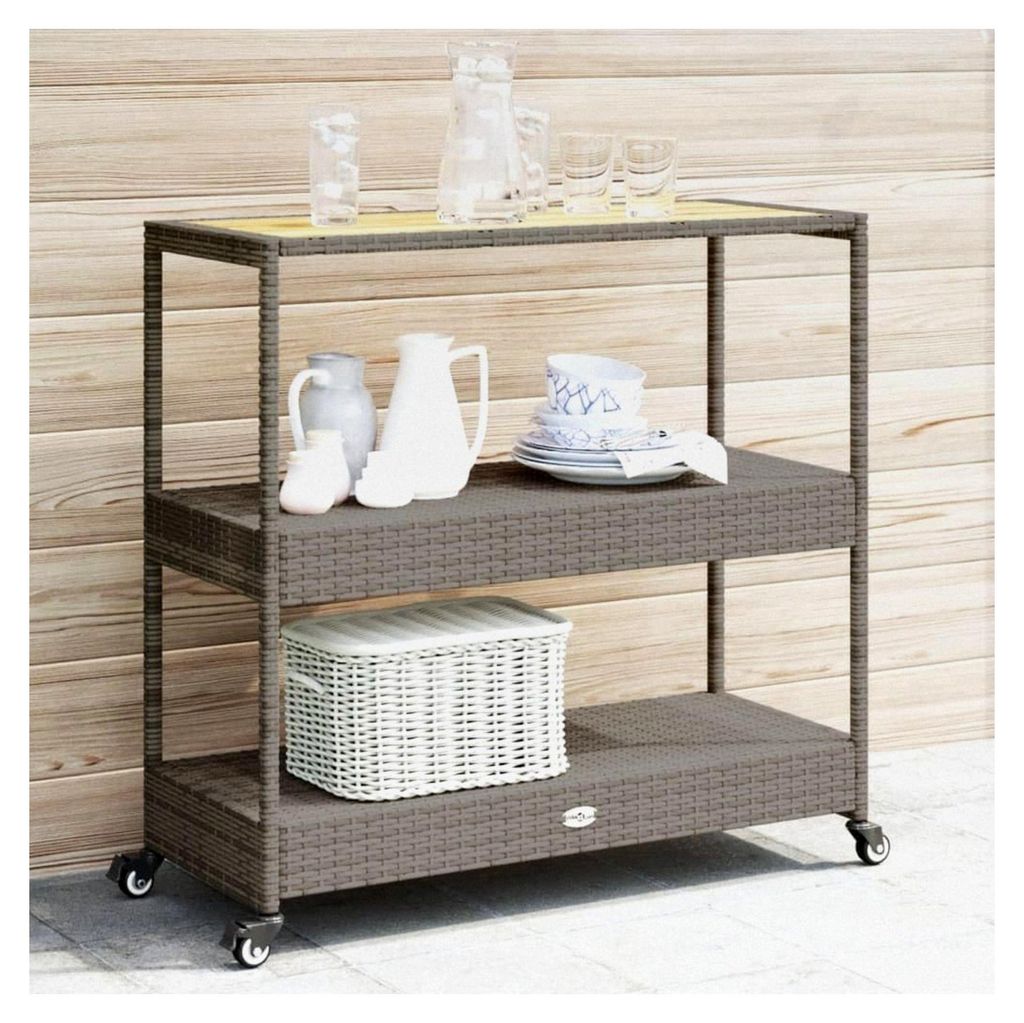 Barwagen mit 3 Böden in Grau aus Poly Rattan und Akazienholz