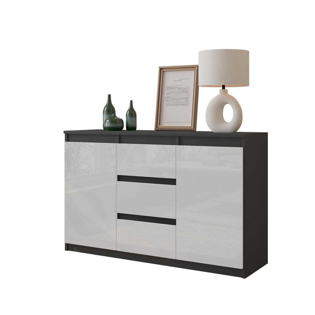 MIKEL - Kommode / Sideboard mit 3 Schubladen und 2 Türen - Anthrazit Grau / Weiß Gloss H75cm B120cm T35cm