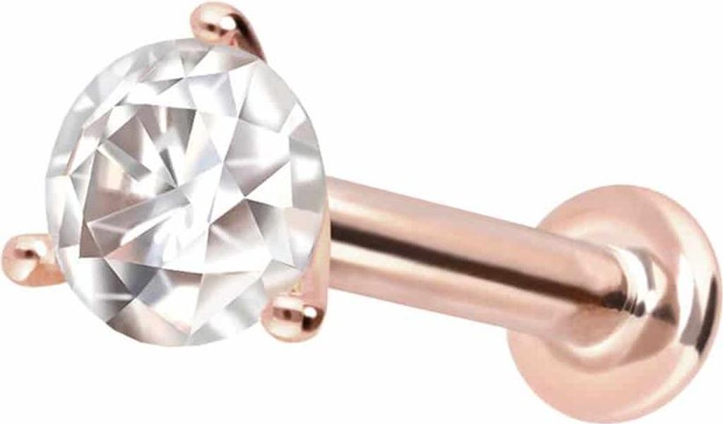 Ohrpiercing, Nasenpiercing 14 Karat Gold Labret mit Innengewinde MOISSANIT RoséGold Stablänge: 6mm | Stabstärke: 1,2mm | Kristallgröße: 2,5mm