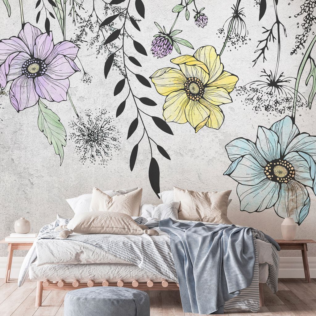 Vlies Fototapete Blumen Natur 400x280 cm Tapeten Wandtapete XXL Blätter bunt grau Botanik b-C-10123-a-b