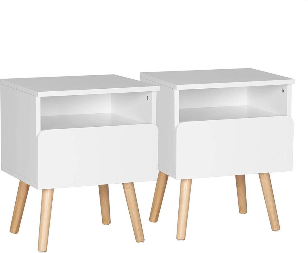 Two white nightstands with wooden legs are shown against a white background.
