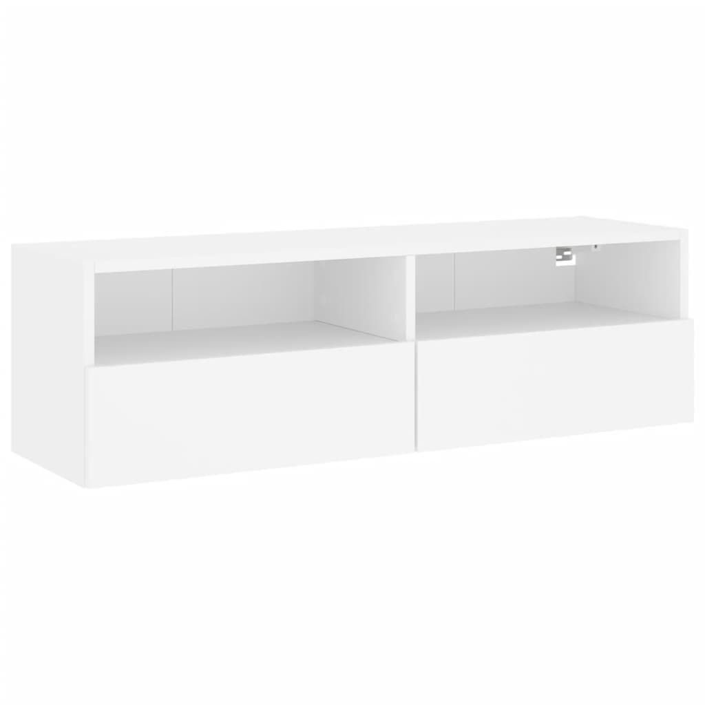 A white TV stand with two compartments and two drawers, shown against a white background.