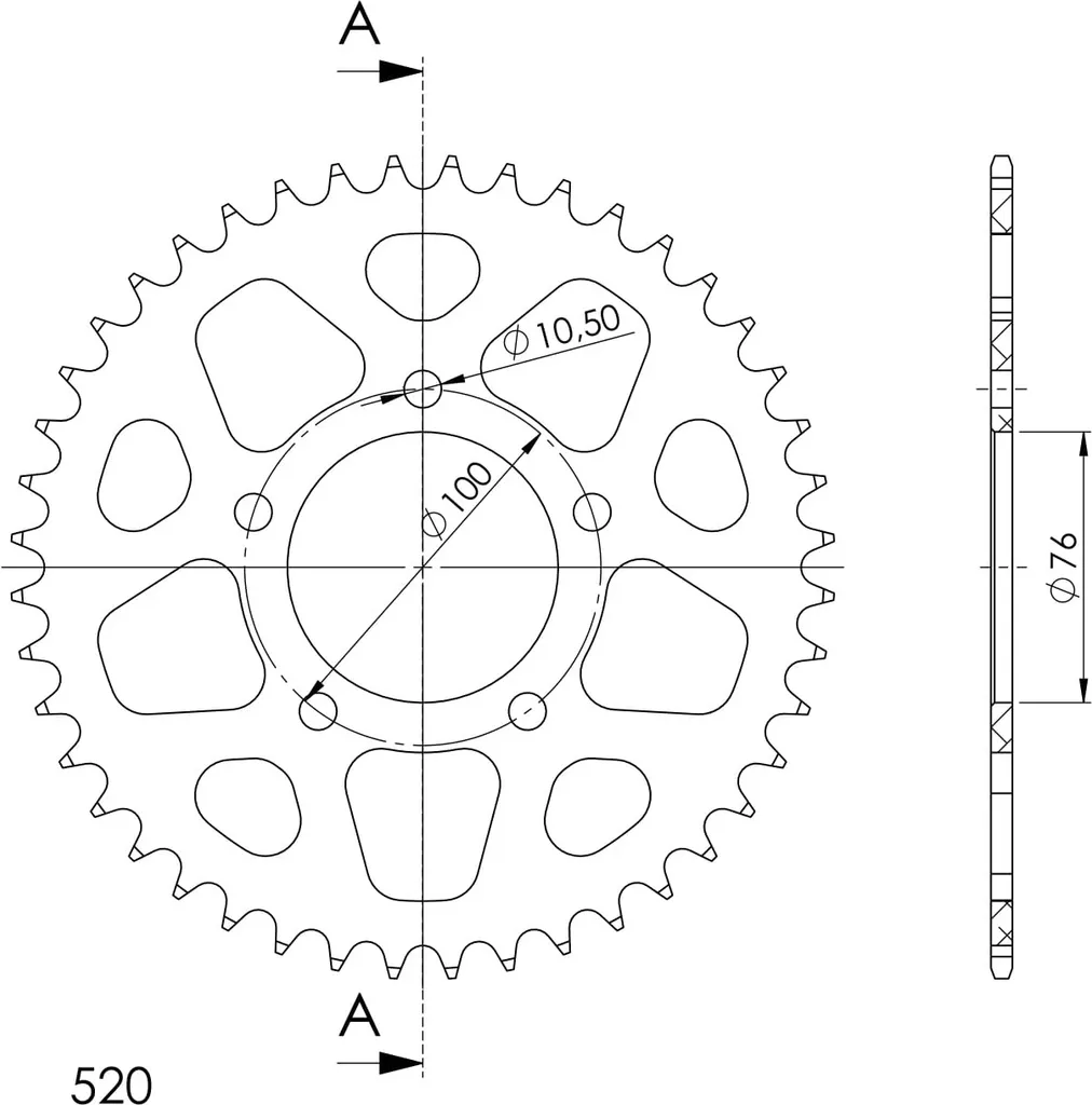 Couronne de Transmission 520 en Aluminium Noir 44 Dents Supersprox