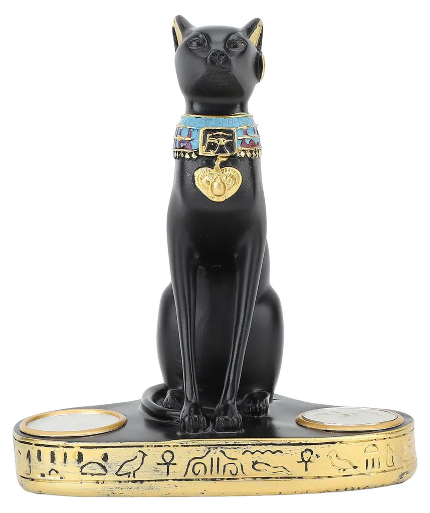 Porte-bougie décoratif chat égyptien noir et or en résine pour bureau