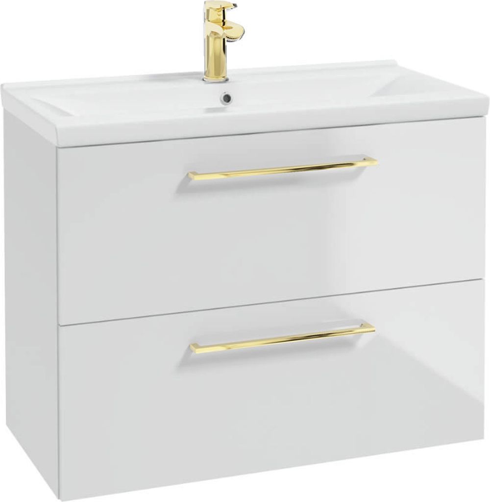Badezimmerschrank Weiß 80cm + Waschbecken Hochglanz Produktbild 