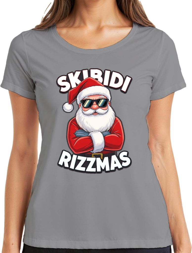 Skibidi Rizzmas Weihnachtsmann Sonnenbrille Lustig Meme Geschenk Damen T-Shirt, Grau, M