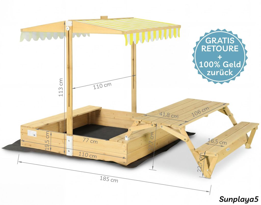 Bac à Sable Design En Bois Avec Toit, Bancs Rabattables Et Couverture UV – 120 X 120 X 120 Cm, Pour Jardin