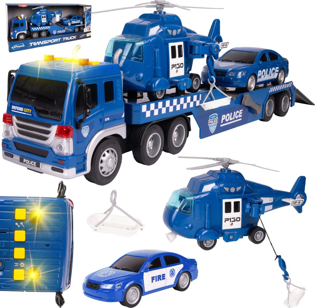 Malplay Polizei Wohnwagen LKW Polizei Hubschrauber Bausatz Licht Sound Blau Geschenk ab 3 Jahren Blau