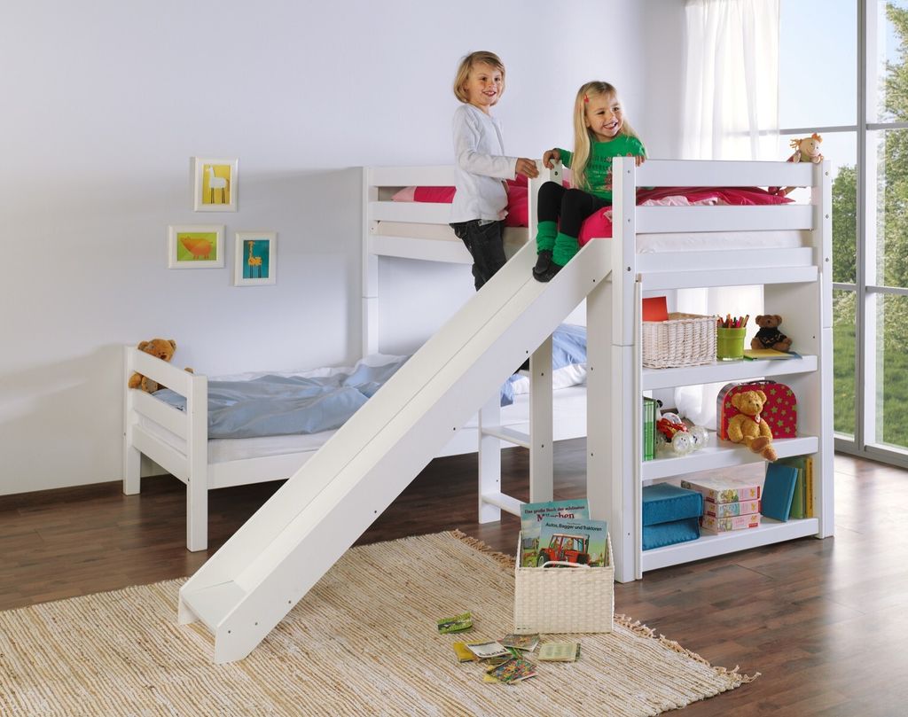 Etagen- bzw. 2. Einzelbetten Beni Buche massiv Weiß lackiert mit Rutsche 90x200
