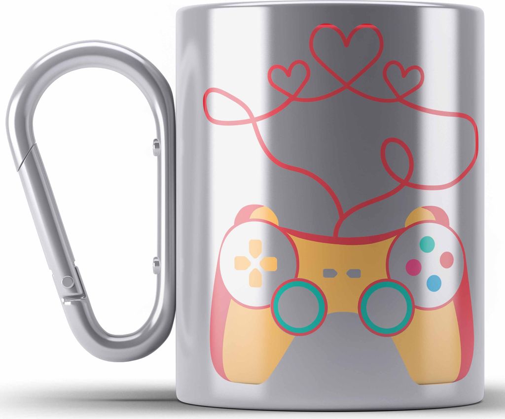 Trendation - Gamer Geschenk Valentinstag Geschenkidee Edelstahl Tasse Karabiner Freund Freundin Liebe Herz (Silber)