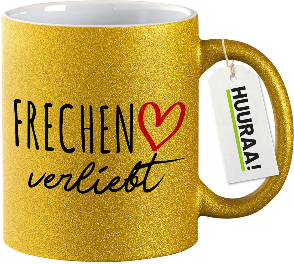 Huuraa Glitzer Kaffeetasse Frechen verliebt Geschenk 330ml Gold Frechen Geschenkidee