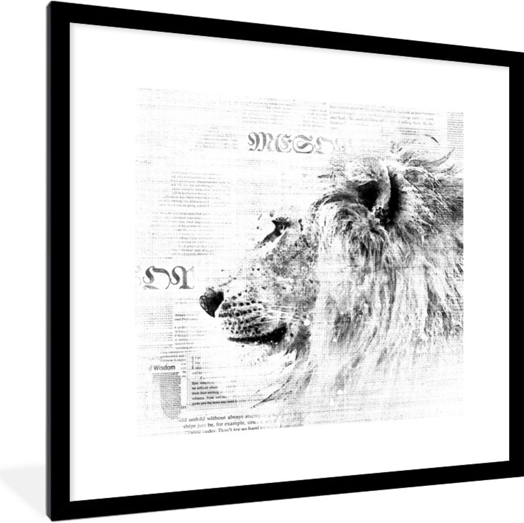 MuchoWow Gerahmtes Poster Löwe - Zeitung - Schwarz - Weiß 40x40 cm - Poster mit Schwarzem Bilderrahmen Wandposter Rahmen Foto Bilder - Poster -...