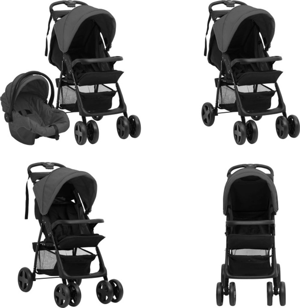 vidaXL 3 in 1 Kinderwagen Dunkelgrau und Schwarz Stahl - Kinderwagen - Kombi-Kinderwagen - Buggy - Buggys