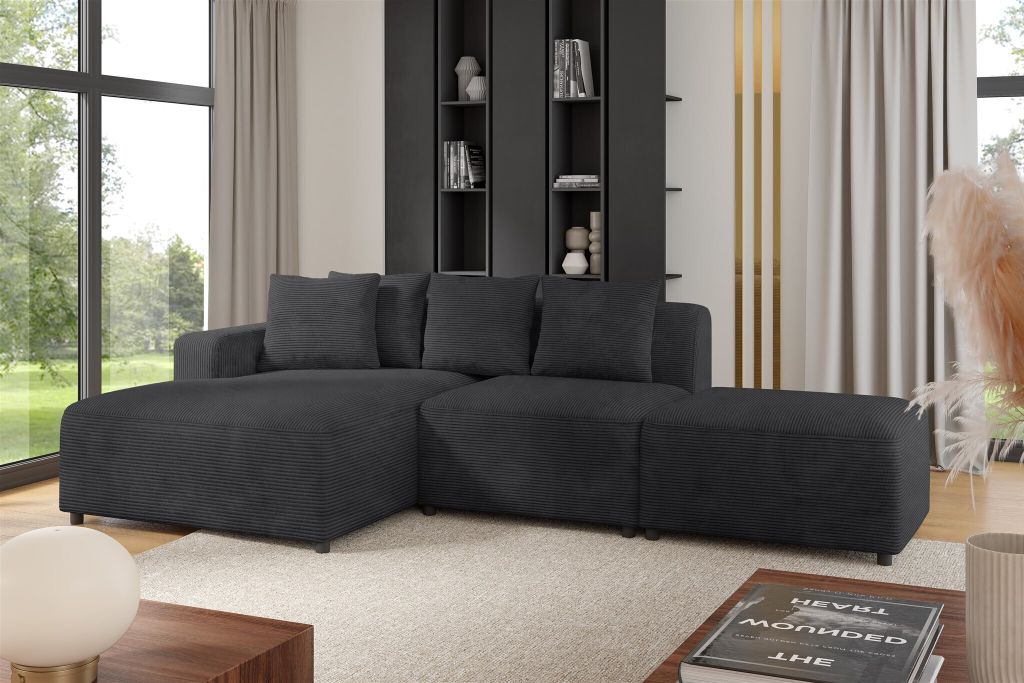 Ecksofa Designersofa MEGAN XS inkl. Hocker Stoff Poso Anthrazit Ottomane Links