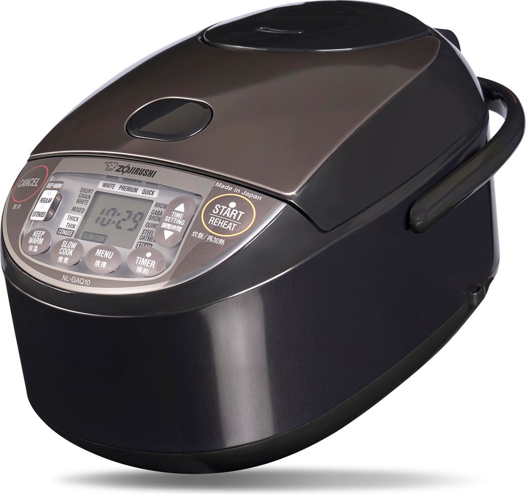 A modern, black electric rice cooker is shown from a slightly elevated angle against a white background.