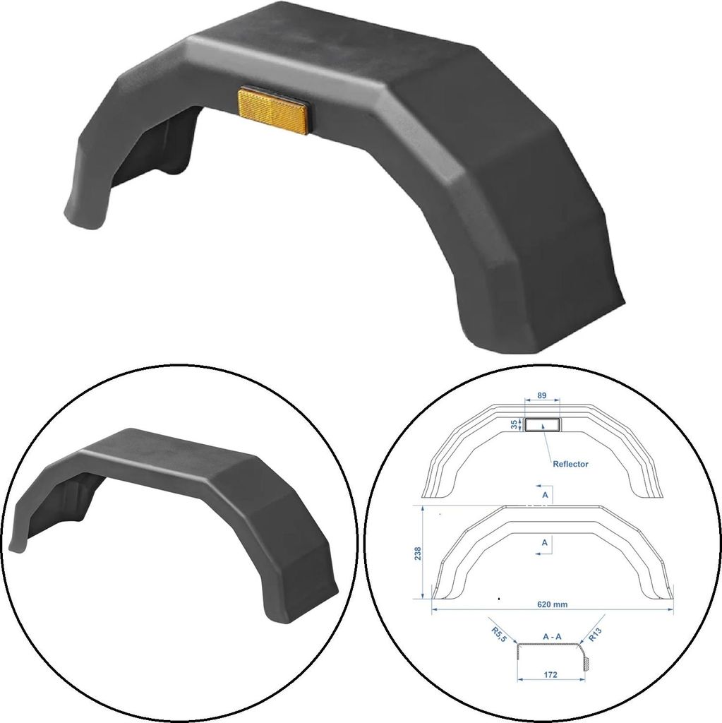 1 x Kotflügel für Zoll für Anhänger – UV-beständiges, stoßfestes Schutzblech mit Seitenreflektor, ideal für Pferdeanhänger 620x238x172mm