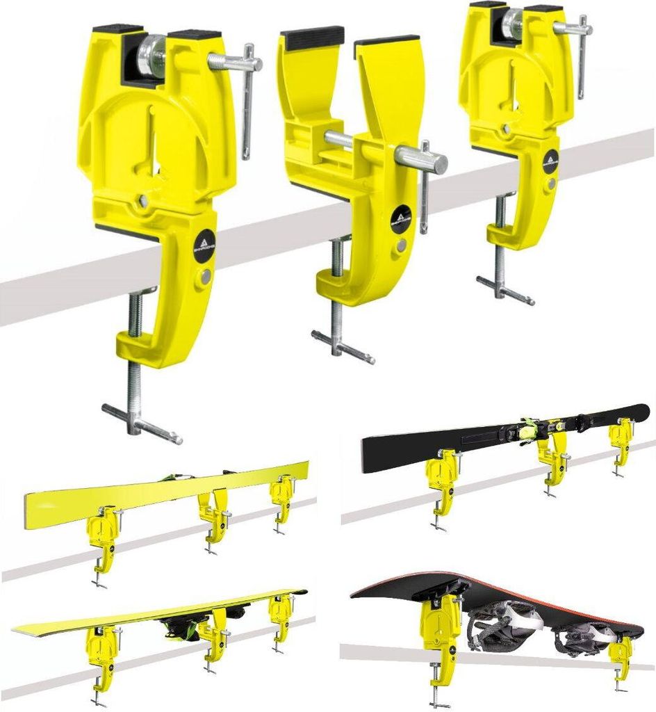 A collage of images showing yellow ski vises and ski/snowboard holding systems.