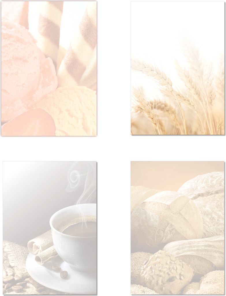 4 x 14 Blatt Motivpapier Briefpapier Mix DIN A4 Eis Kaffee Bäcker Brot (Gastronomie-5238)