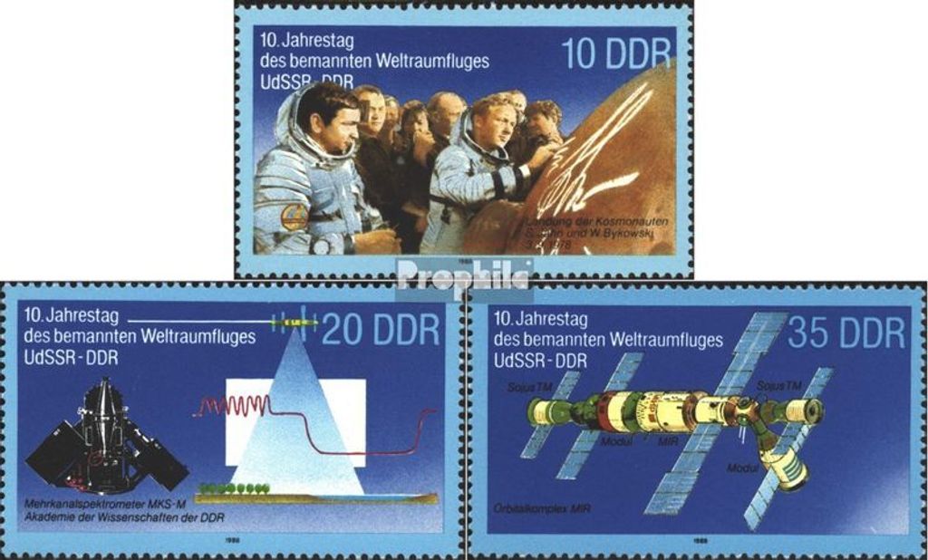 Briefmarken DDR 1988 Mi 3190-3192 (kompl.Ausg.) postfrisch 10.Jahrestag gemeins. Weltraumflug UdSSR-DDR (II)
