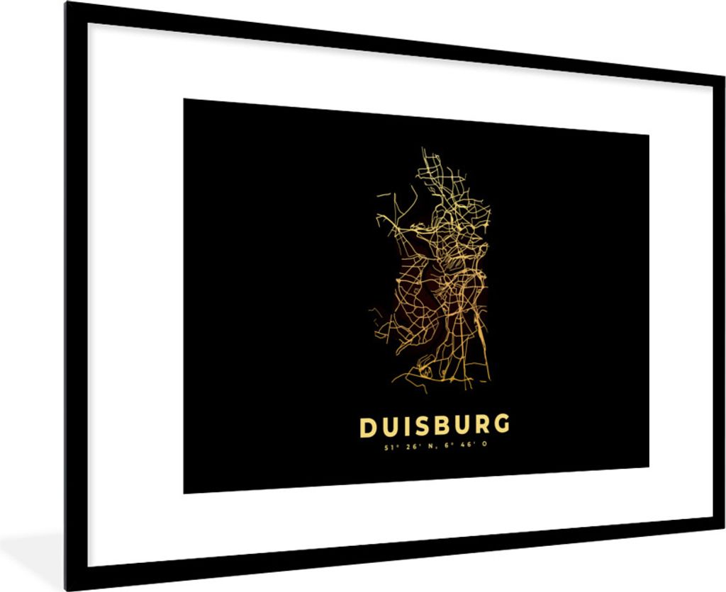 MuchoWow Gerahmtes Poster Duisburg - Gold - Karte - Stadtplan 90x60 cm - Poster mit Schwarzem Bilderrahmen Wandposter Rahmen Foto Bilder - Wandde...