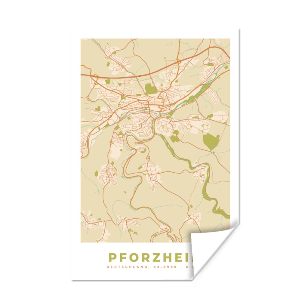 MuchoWow Poster Pforzheim - Karte - Vintage - Stadtplan 120x180 cm - Kunstposter