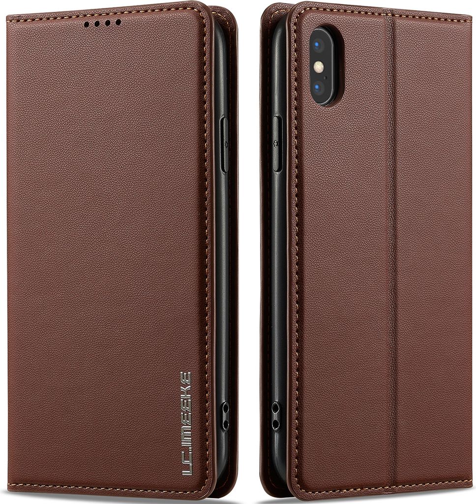 Handyhülle für iPhone XS / iPhone X, Magnetische Flip Leder Hülle mit Kartenfach und Standfunktion Braun