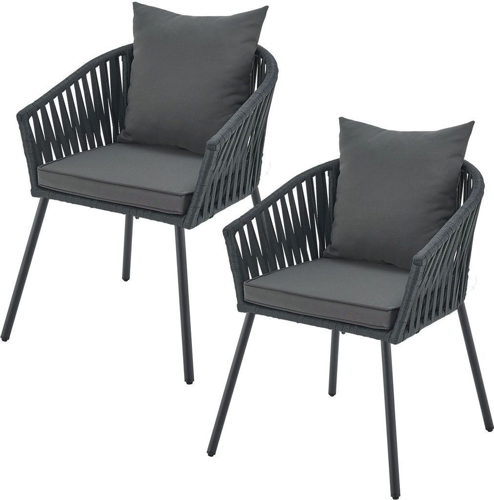 Two dark gray rope chairs with cushions are shown against a white background.