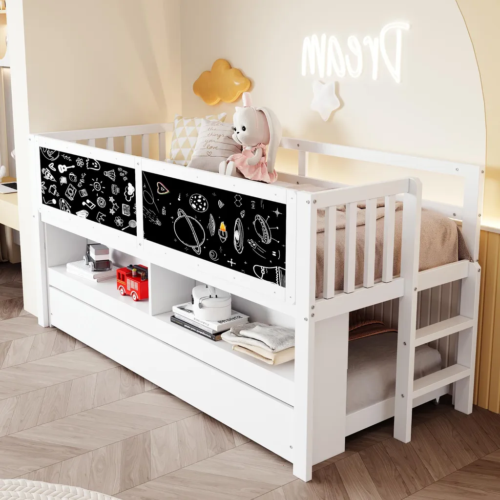 Lit Enfant Gain de Place en Bois Blanc avec Rangement et Zone de Dessin - 2