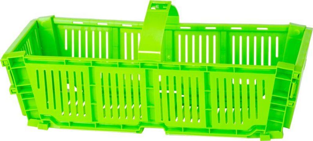 A bright green plastic basket with a handle, shown from a slightly elevated side angle against a white background.