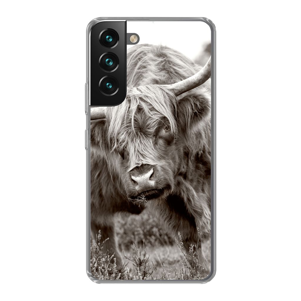 MuchoWow Handyhülle Schutzhülle Hülle für Samsung Galaxy S22 Plus Schottischer Highlander - Schwarz - Weiß - Hörner Silikon Softcase Handy ...