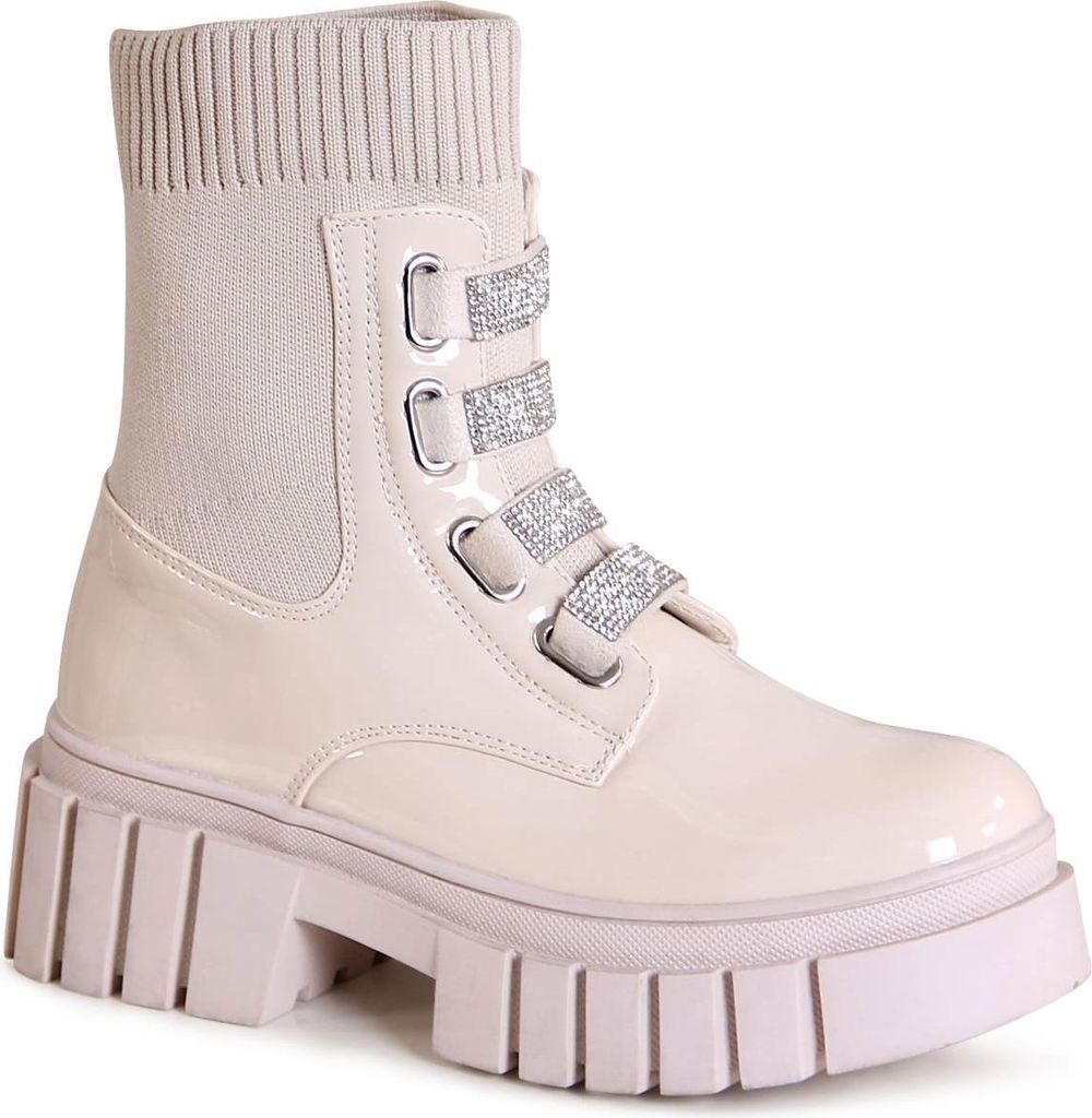topschuhe24 3196 Damen Lack Stiefeletten Glitzer Worker Boots , Farbe:Beige, Größe:37 EU
