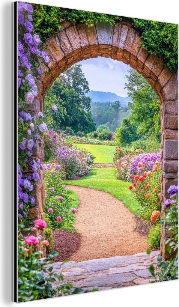 MuchoWow Wanddekoration Metall Metallbild Wandkunst 30x40 cm Durchsichtiges - Tor - Blumen - Garten MuchoWow Aluminium Gemälde - Bilder
