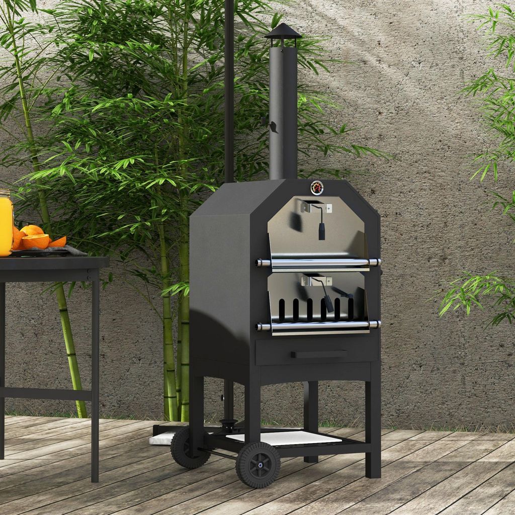 Pizzaofen Holzkohle 2-in-1, Grill & Pizzaofen, mit Pizzastein, Grillrost, Thermometer, Stahl, Schwarz | 66 x 45 x 158 cm | 23 kg | rostfrei